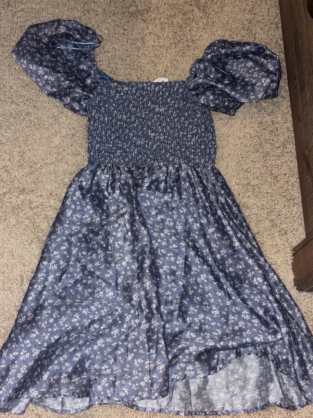 Altar'd State Navy Blue Floral Smocked Puff-Sleeve Dress